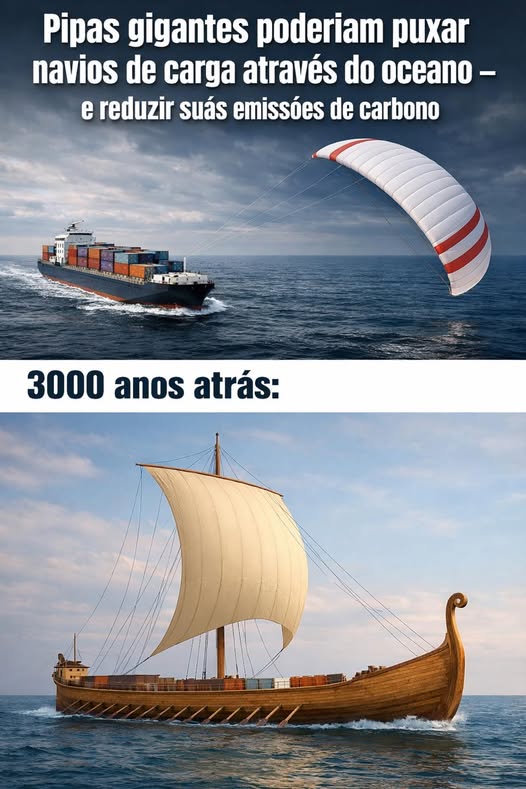 Pode ser uma imagem de texto que diz "Pipas gigantes poderiam puxar navios de carga através do oceano- e reduzir suás emissóes de carbono 3000 anos atrás:"