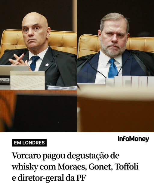 Pode ser uma imagem de texto que diz "STP EM LONDRES InfoMoney Vorcaro pagou degustação de whisky com Moraes, Gonet, Toffoli ediretor-geral diretor- e da PF"