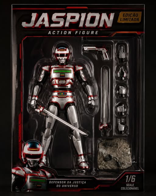 Pode ser uma imagem de brinquedo e texto que diz "JASPION ACTIONFIGURE ACTION FIGURE 0 DEFENSOR DEFENSORDAJUSTIÇA DA JUSTIÇA DOUNIVERSO DO SCALE COLECIONÁVE"
