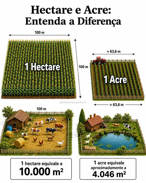 Pode ser uma imagem de grama e texto que diz "Hectare e Acre: Entenda a Diferença 100 m 63,6 63,6 m 1 Hectare 100 m 1 Acre 100 m @deolhonaengenharia ←~636m 63,6 63,6 m 1 hectare equivale a 10.000 m² 1 acre equivale aproximadamentea a 4.046 m²"