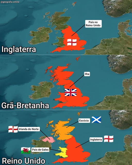 Pode ser uma imagem de mapa e texto que diz "@geografia.online เอ. online geografia País no Reino Unido Inglaterra lha Grã ã-Bretanha Irlanda do Norte Escócia Escócia País de Gales Inglaterra Reino ReinoUnido Unido"