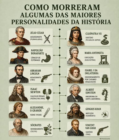 Pode ser uma imagem de texto que diz "COMO MORRERAM ALGUMAS DAS MAIORES PERSONALIDADES DA HISTÓRIA JÚLIO JÚLIOCÉSAR CÉSAR ASSASSINATO (PUNHALADAS) CLEÓPATRA VII SUICÍDIO (PICADA DE ASPIDE) NAPOLEÃO BONAPARTE CÂNCER DE ESTÖMAGO MARIA ANTONIETA EXECUÇÃO (GUILHOTINA) ABRAHAM LINCOLN ASSASSINATO (TIRO) ISABEL DA INGLATERRA ENVENENAMENTO POR CHUMBO (MAQUIAGEM) ISAAC NEWTON CALCULOS RENAIS (PEDRAS NOS RINS) ALBERT EINSTEIN ANEURISMA DA AORTA ABDOMINAL ALEXANDRE, 0 GRANDE FEBRE FEBRETIFOIDE TIFOIDE GENGHIS KHAN INFECÇÃO (FERIMENTO) SÓCRATES ENVENENAMENTO (CICUTA) VINCENT VAN GOGH SUICÍDIO (TIRO) @interessante"