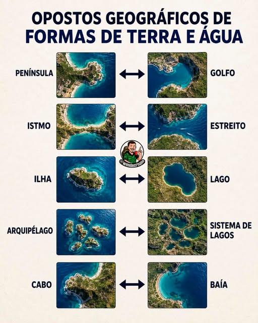 Pode ser uma imagem de mapa e texto que diz "OPOSTOS GEOGRÁFICOS DE FORMAS DE TERRA E ÁGUA PENÍNSULA GOLFO ISTMO ESTREITO ILHA @wendecrispaD LAGO ARQUIP ARQUIPÉLAGO SISTEMA DE LAGOS CABO BAÍA"